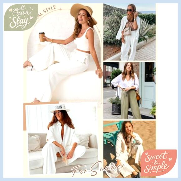 High Waisted Wide Leg Linen Pants Drawstring Palazzo Trousers Casual - Picture 2 of 7